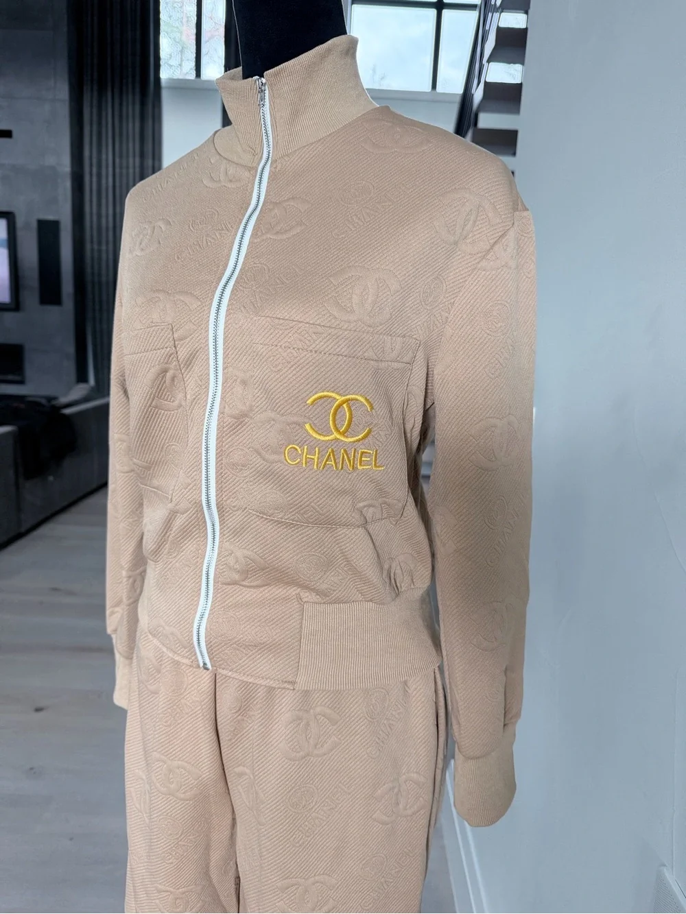 CHANEL Beige Lounge Set Tracksuit Two Piece Matching Set with pockets size S